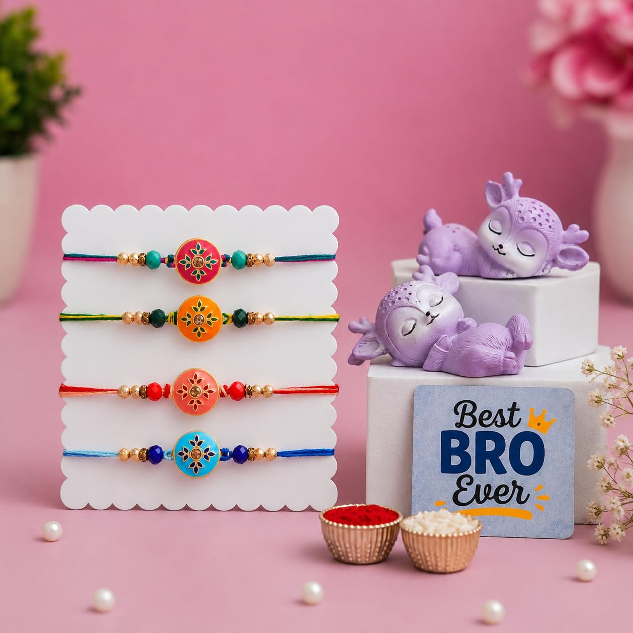 eCraftIndia Set of 4 Designer Rakhi for Brother with Best Bro Ever Fridge Magnet & Cute Deer Showpieces | Premium Beaded Rakhi Set with Roli Chawal | Raksha Bandhan Gift Combo