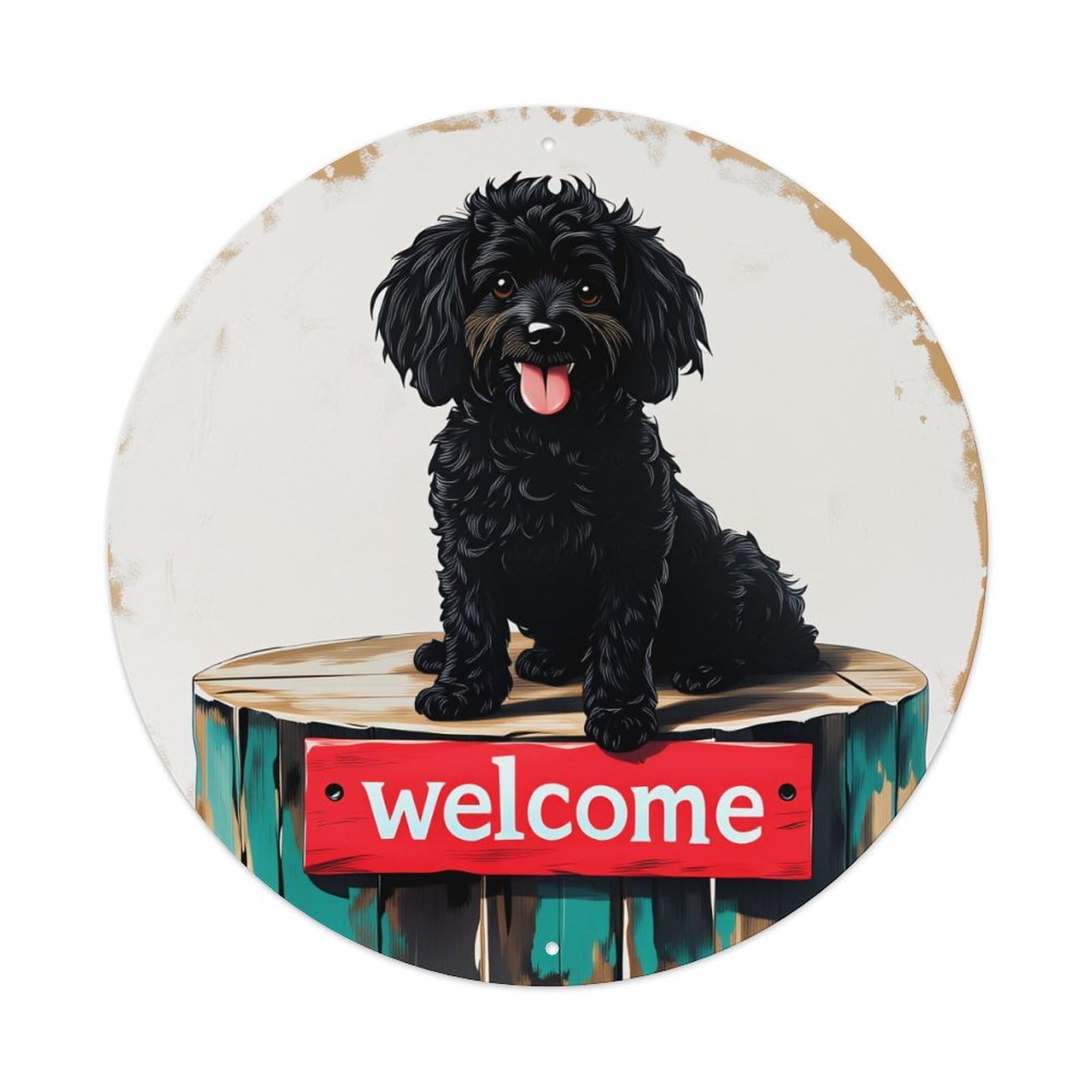 Black Dog On Wooden Stump With Welcome Sign Round Vintage Tin Sign,Retro Wall Art,Metal Poster for Home, Bar, Garage, Cafe, Rustic Indoor & Outdoor Decor, 8x8 Inches