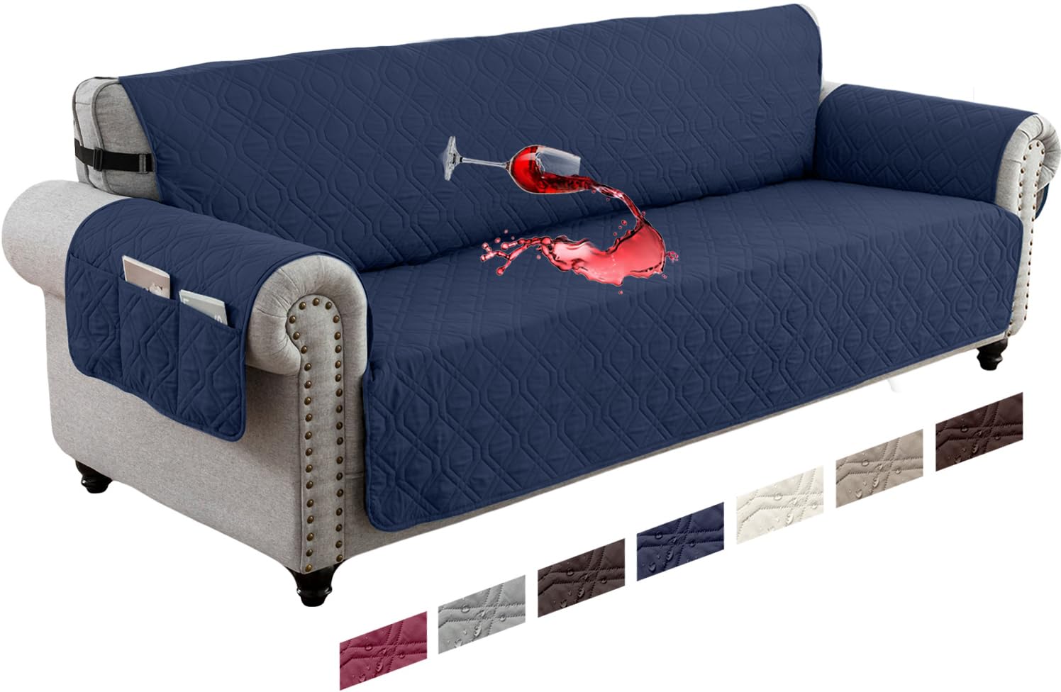 LINGKY Waterproof Sofa Cover 4 Seater Non-Slip Sofa Slipcovers, Reversible Washable Sofa Protectors from Pets & Kids with Elastic Straps Quilted Couch Covers (Navy,4 Seater)