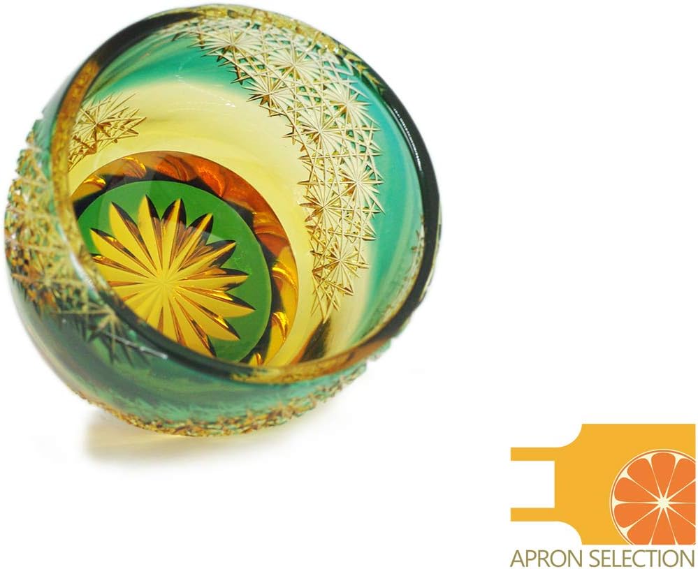 Cut Glass 江戸切子 Edo Kiriko, Japanese Traditional Craft in Gift Box 光る宙 Milky Way (Green/Amber)