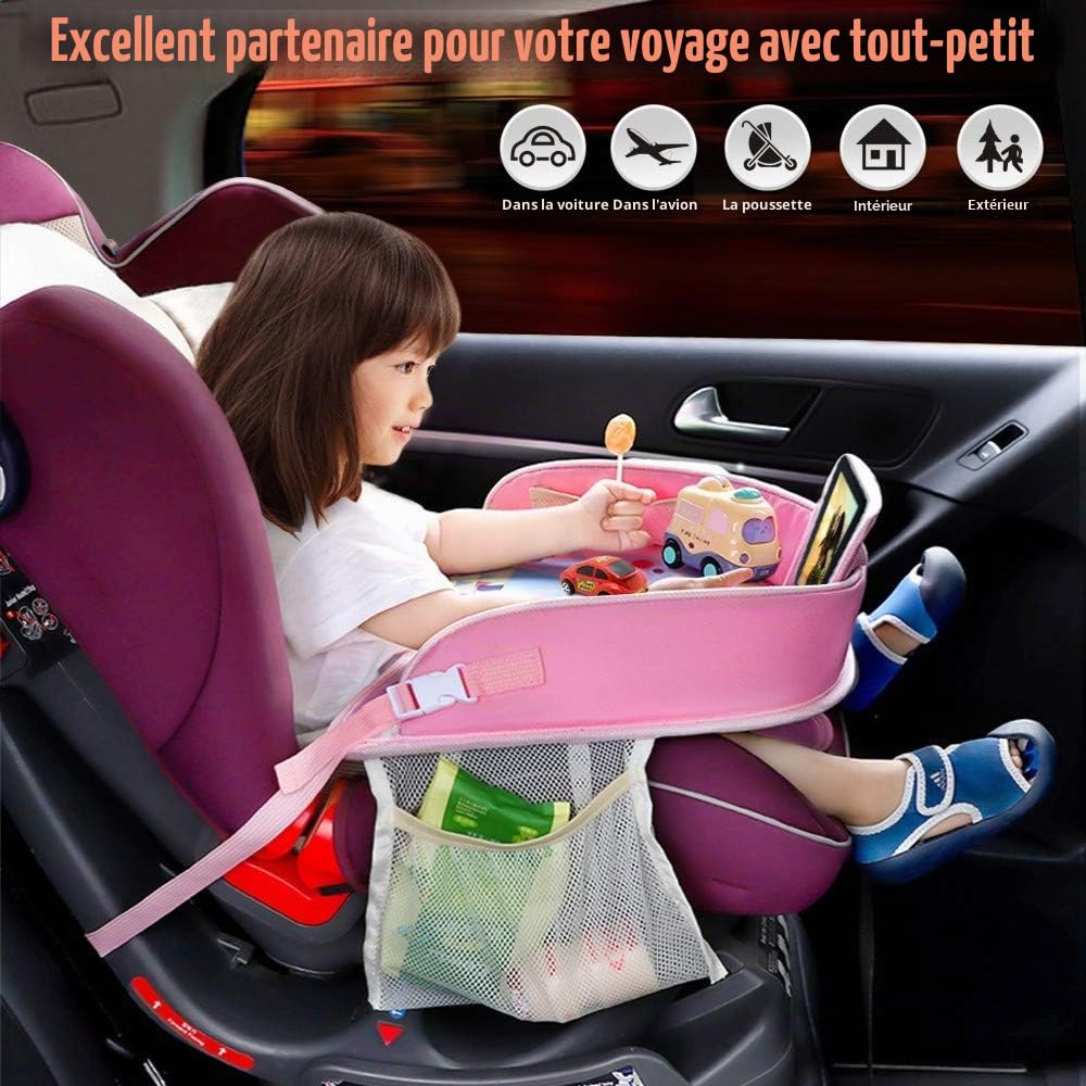 Plateau de Voyage pour Enfants et Tout-Petits - Siège de Travail pour Activité et Rangement - Organisateur avec Porte-Téléphone Étanche et Pliable (Rose)
