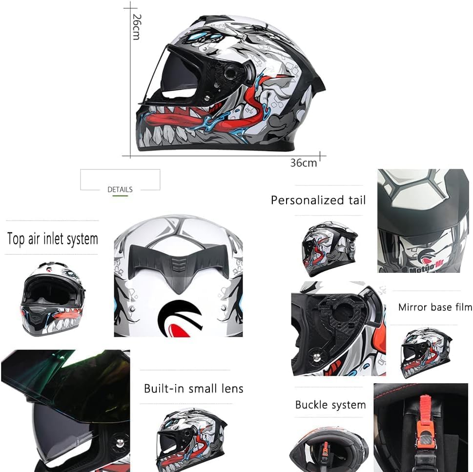 Miniatura 3 de Casco de motocicleta de cara completa con doble visera, ciclomotor, moto de calle, carreras, unisex para adultos, aprobado por DOT (lente colorida,
