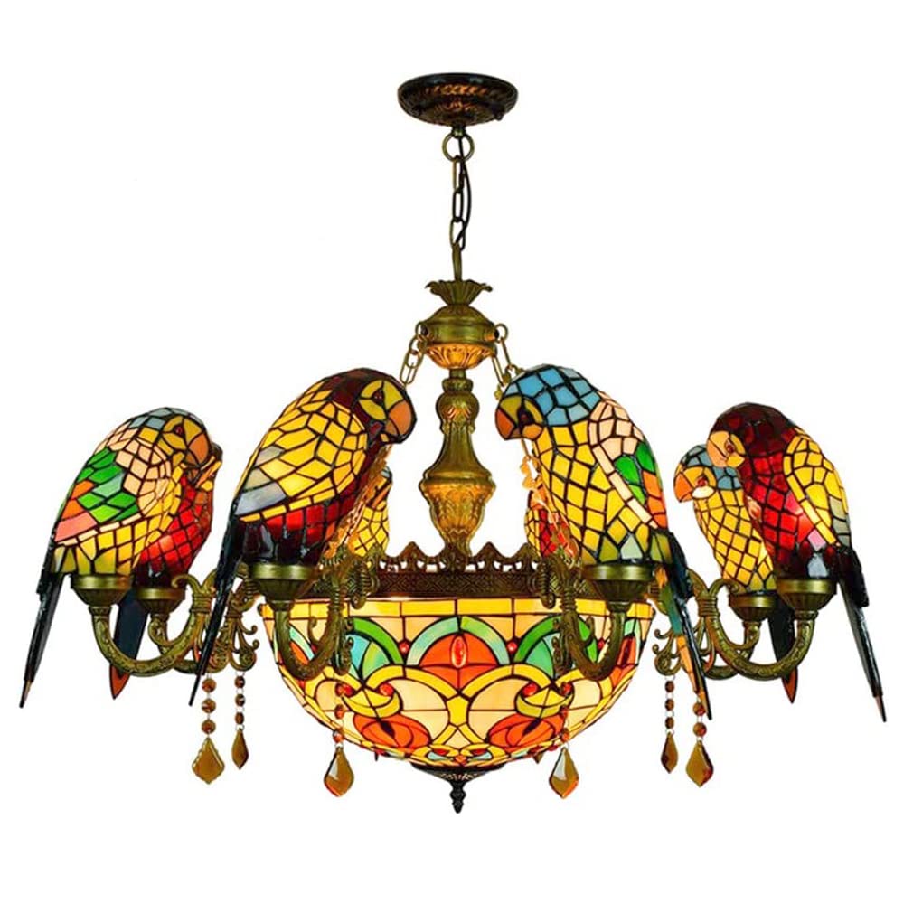 FYZDLAOR 8+1-Light Chandelier,Red Yellow Parrot Handcrafted Stained Glass Lampshade Pendant Light Light Fixtures,Tiffanystyle Stained Glass Hanging Light Wide 34 Inch