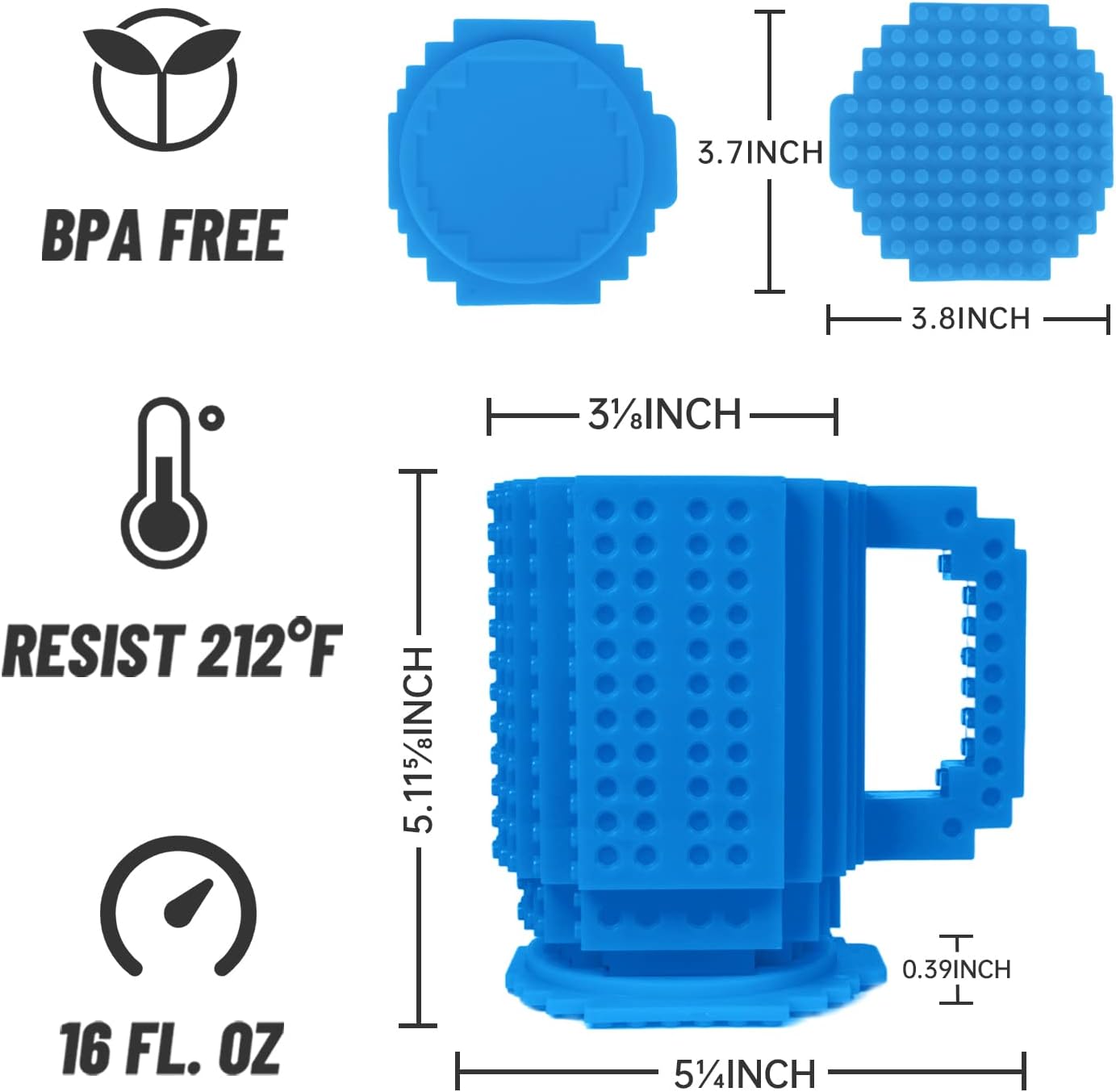 FUBARBAR Coffee Mug with Lid and Straw – Funny Novelty Brick Water Cup, Building Block Toy Mug Gift Idea for Men Women Kids, Cute Cool Desk Decor (Blue)
