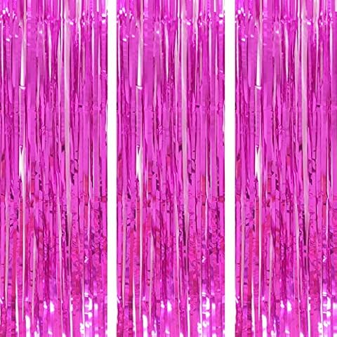 3 Packs 3.2ft x 6.6ft Shimmer Hot Pink Metallic Foil Fringe Curtains Sparkle Tinsel Wall Window Door Curtains Photo Backdrop for Wedding Party Girls Spa Make Up Party , Valentines Day Decorations Cover