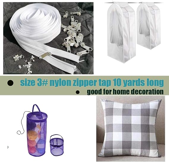 JOSDIOX Zipper by The Yard #3 White Sewing 10 Yard Long Zippers in Continuous,Nylon Coil with 20pcs Zipper Sliders/Pull and 30pcs Stops for Upholstery Sewing