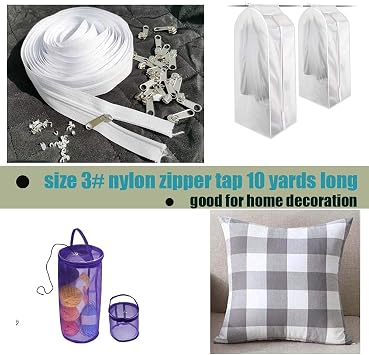 JOSDIOX Zipper by The Yard #3 White Sewing 10 Yard Long Zippers in Continuous,Nylon Coil with 20pcs Zipper Sliders/Pull and 30pcs Stops for Upholstery Sewing