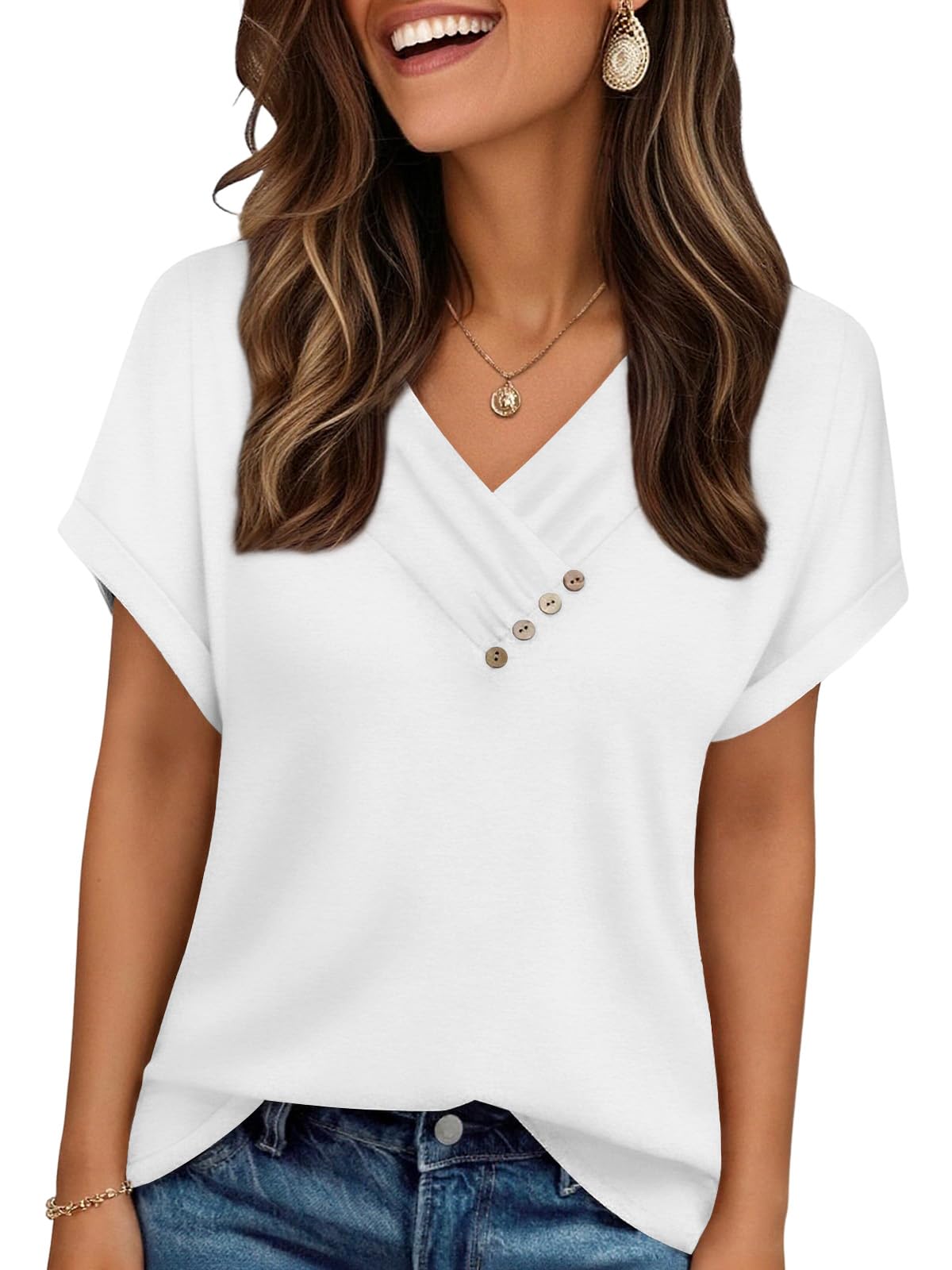 Cuptacc Tshirt Damen Elegante V Ausschnitt T Shirt Basic Kurzarm Mit Knöpfen