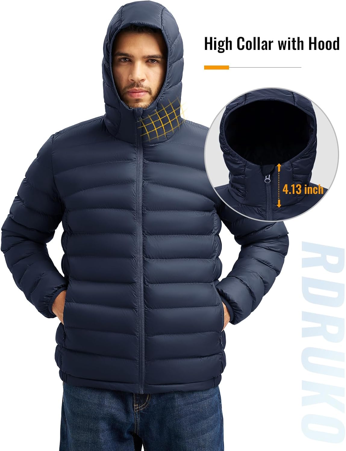 Rdruko Men's Lightweight Packable Puffer Jacket with Hood High Collar Water Resistant Warm Insulated Puffy Winter Coats - Image 6