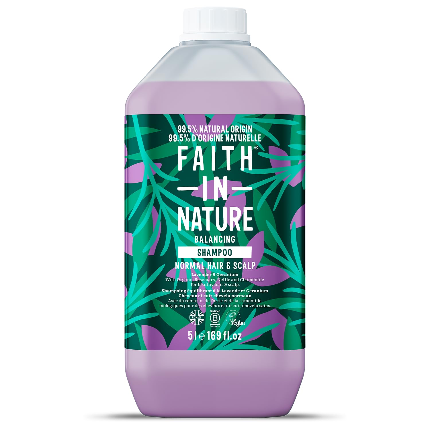 Faith in Nature Naturalny szampon lawendowo-geraniowy, odżywczy, wegański i nietestowany na zwierzętach, bez SLS i parabenów, włosy normalne lub tłuste, butelka wielokrotnego napełniania 5 l