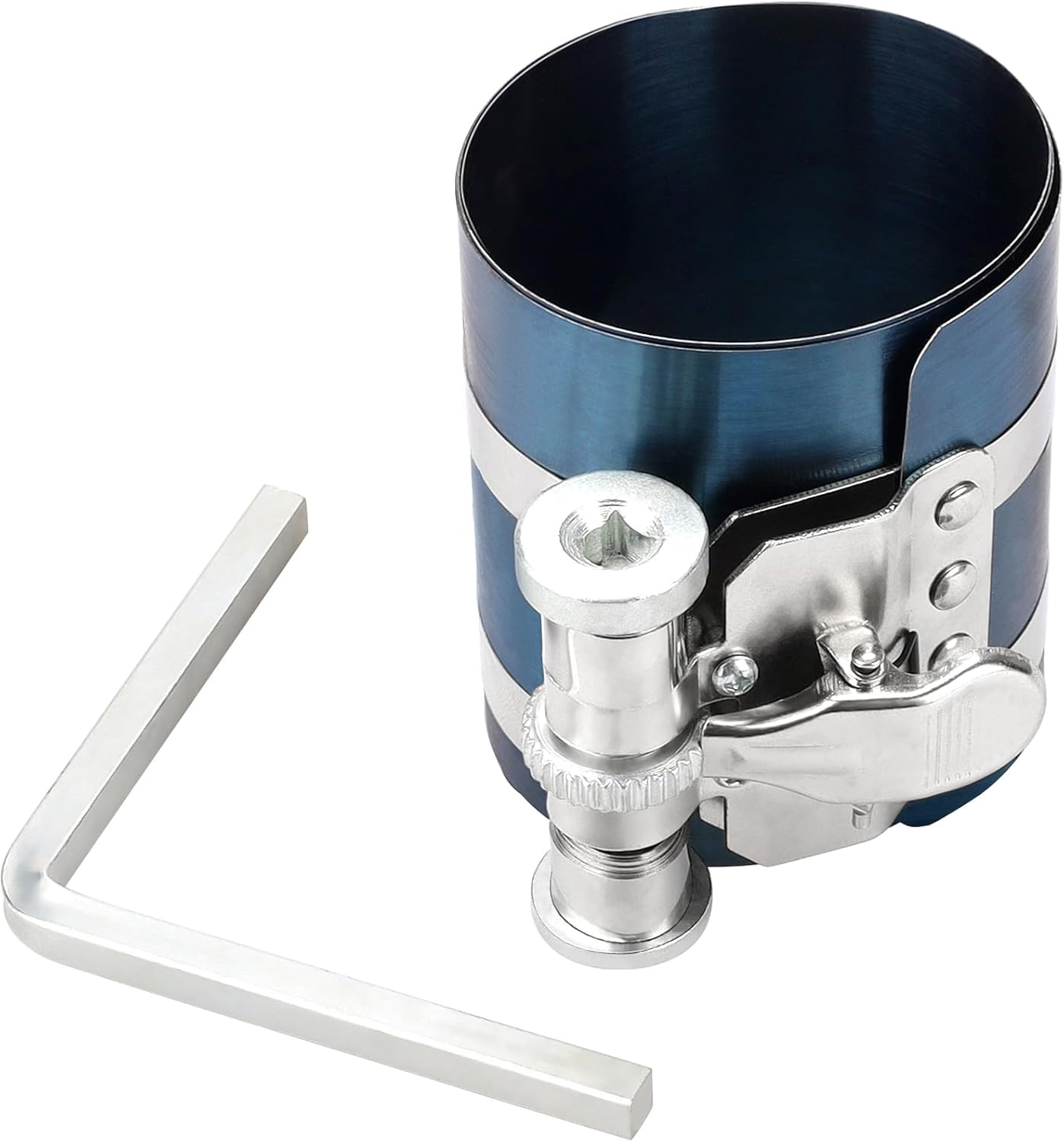 4” Piston Ring Compressor, Adjustable Ratchet Piston Installer Tool Removal Tool Installation Compressing Capacity 2”to 6.9”,Blue