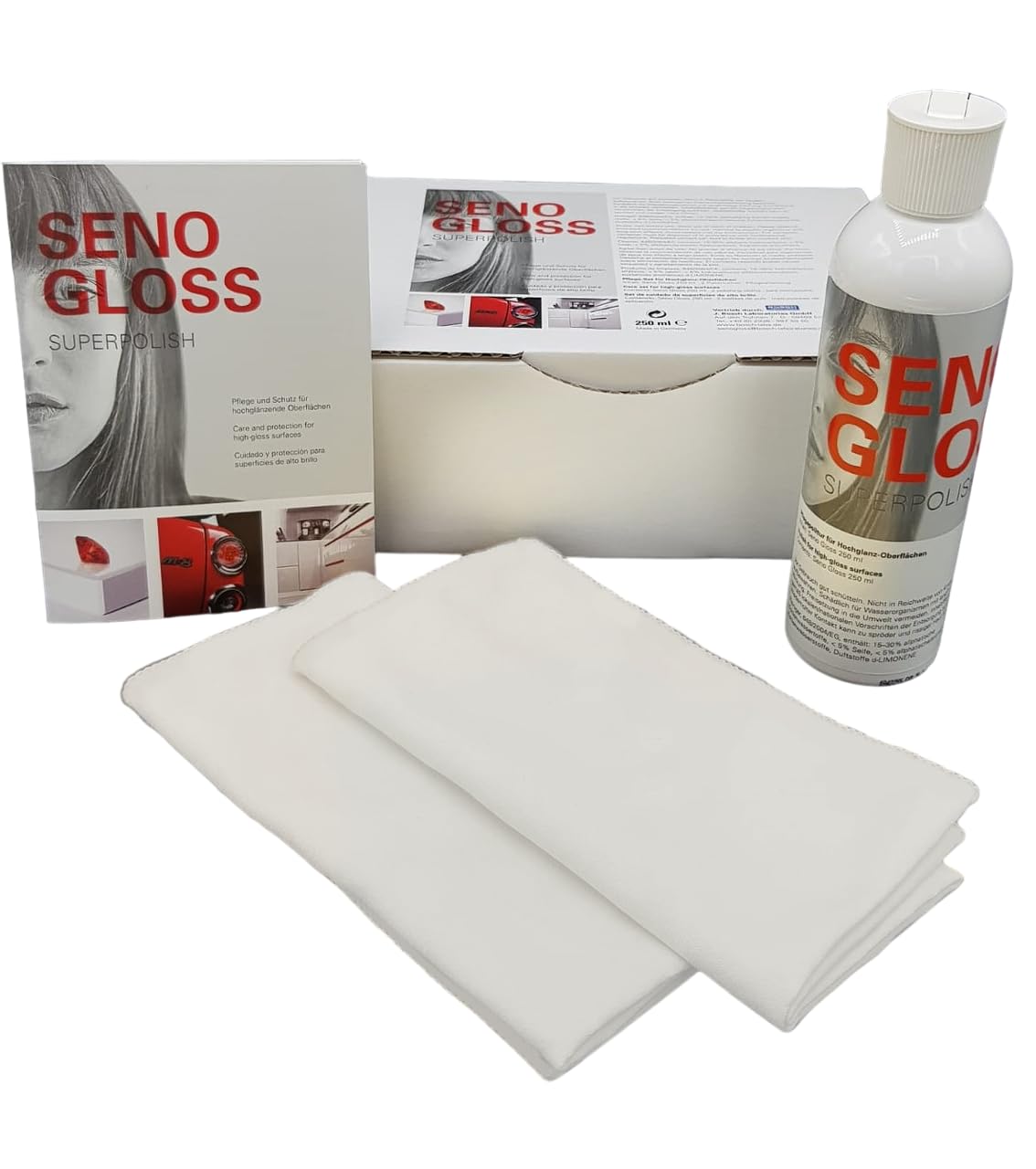 Pflege & Schutz Hochglanzmöbel Küchen Möbelpolitur 250 ml + 2x Poliertuch Set Hochglanzpflege