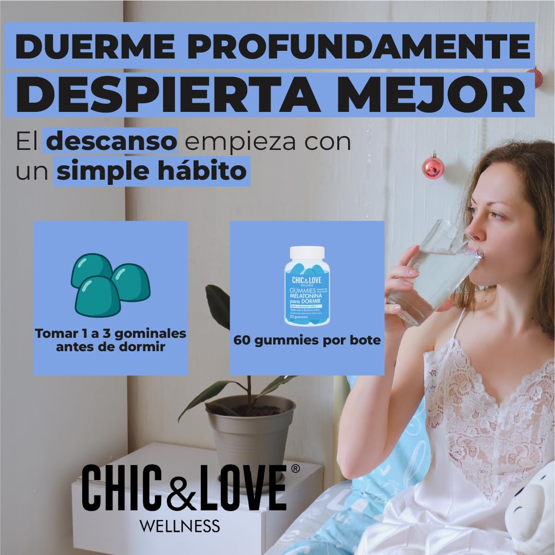 Melatonina Gominolas para Dormir con Vitamina B6 – Sabor Fresa Ingredientes Naturales Veganas Sin Gluten – Ayudan a Conciliar Sueño Bienestar 60 unidades – CHIC & LOVE