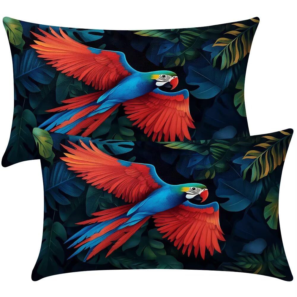 Cushion Covers 20cm x 30cm Summer Jungle Cushion Cover 8 x 12 Inches Pack of 2 Throw Pillow Covers Parrot Sofa Cushions Polyester Linen Pillowcases for Couch Living Room Bedroom Home Decor -SC479