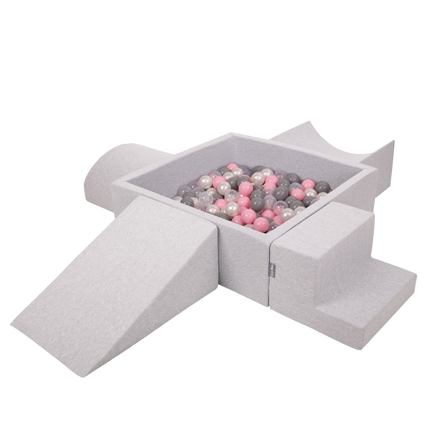 KiddyMoon Foam Playground For Kids With Square Ballpit (200 Balls ∅ 7Cm/2.75In) Soft Obstacles Course And Ball Pool Made In EU, Lightgrey:Pearl/Grey/Transparent/Powderpink — image 1