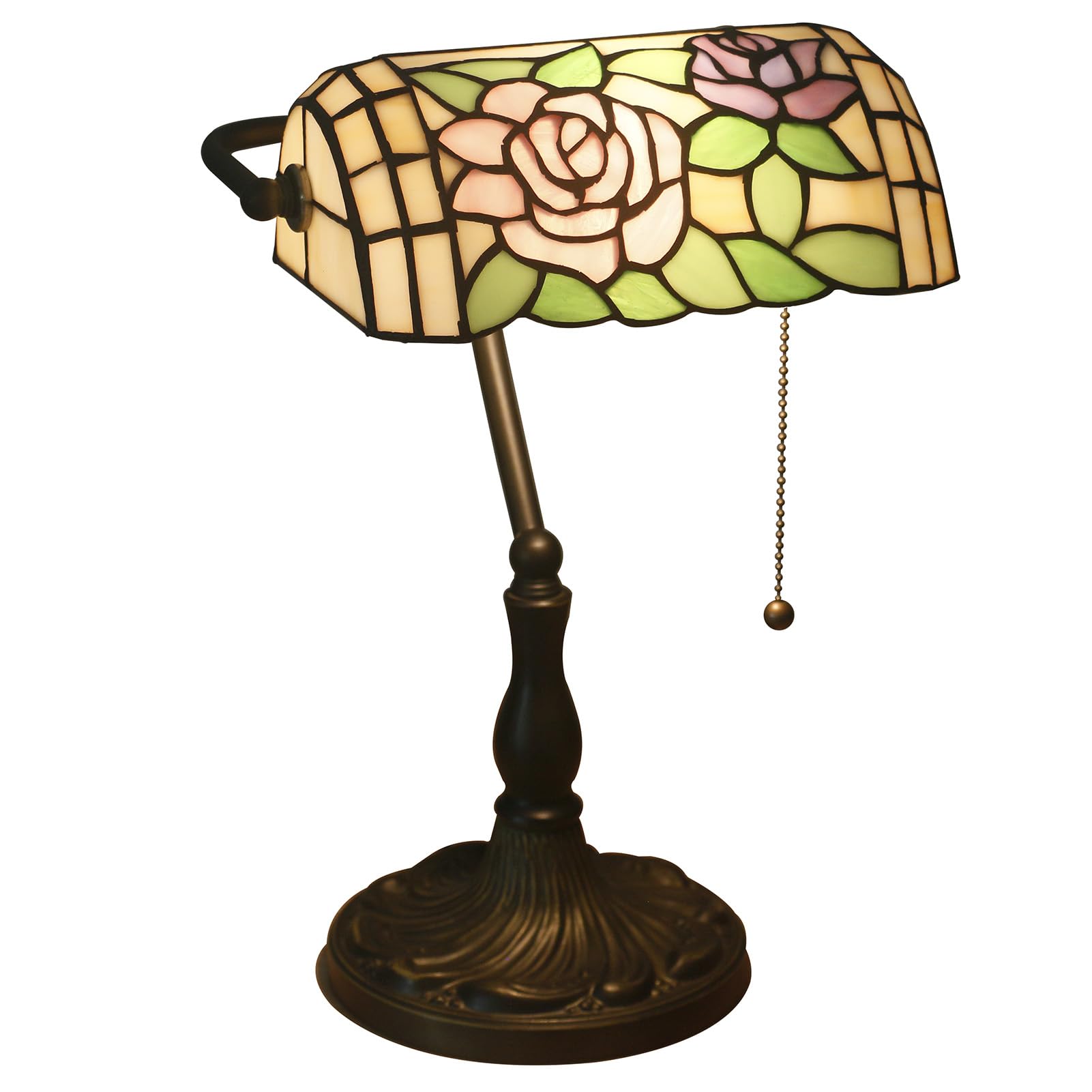 Uziqueif Bankers Lamp Green, Tiffany Style lamp with Pull Chain Switch, Stained Glass Desk Lamp, Reading Lamps for Home Office, Bedroom Study, Bedside Table,G