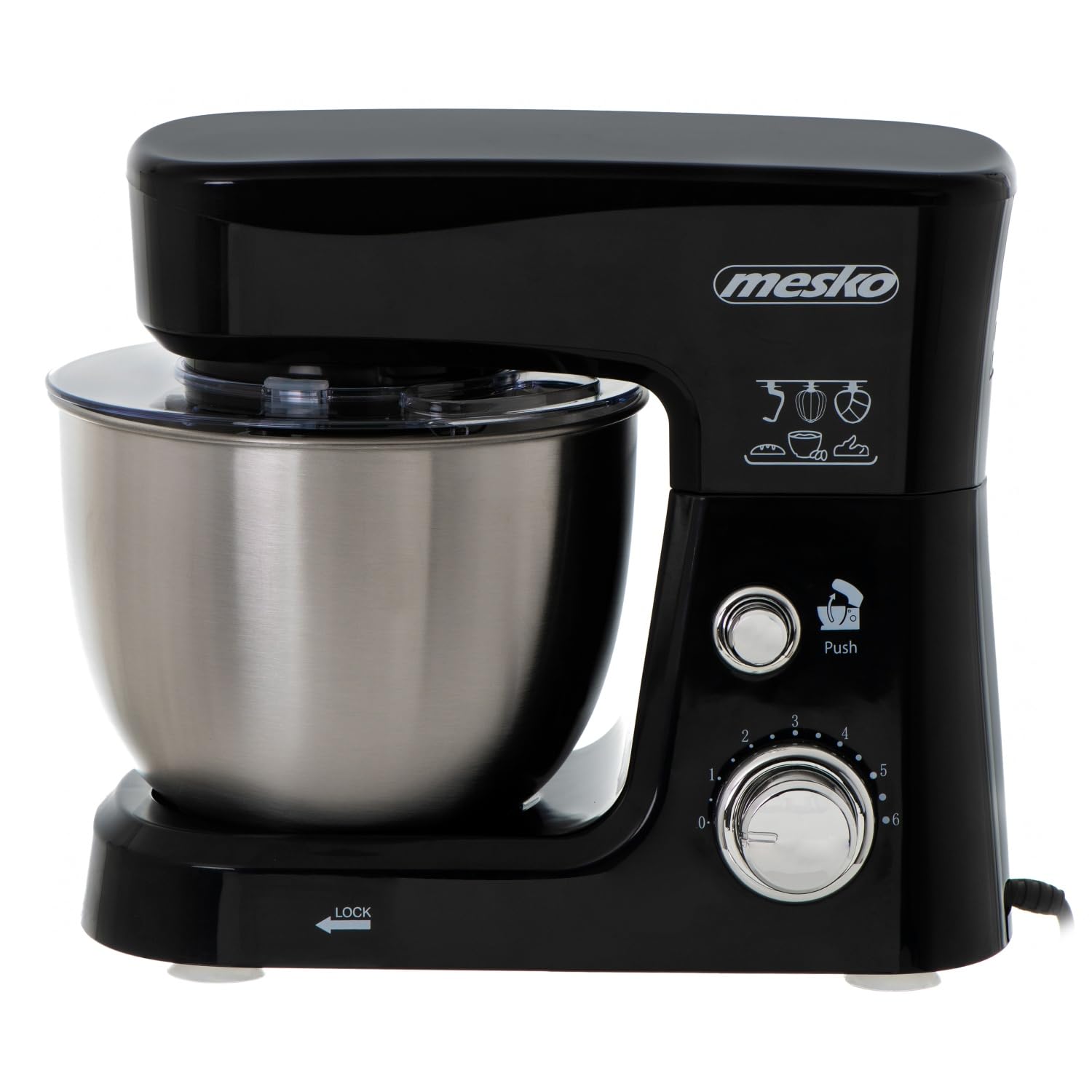 MESKO MS 4217 - Robot da cucina con ciotola da 3,5 l, in acciaio INOX, 6 velocità, gancio impasto, frusta, frusta, 1200 W, paraspruzzi, impastatrice