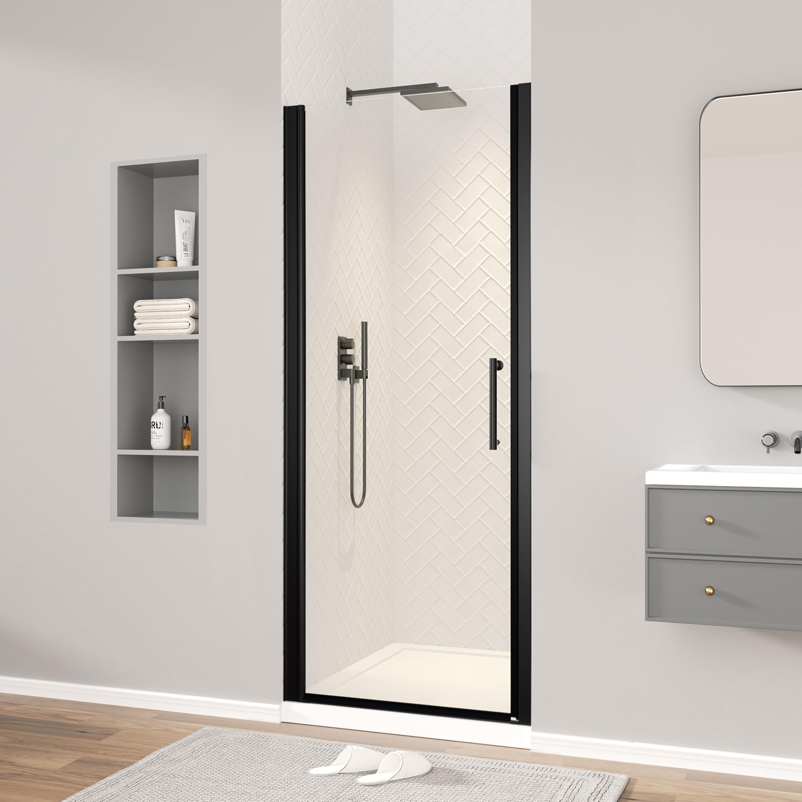 Photo 1 of ***FCATORY SEALED*****SANODUSCHA Frameless Pivot Shower Door, Matte Black