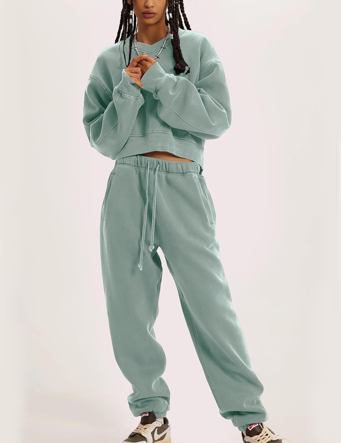 Flygo Women Sweat Set Sweatsuit Fleece 2 Piece Joggers Tracksuit Outfits Crop Sweatshirt Sweatpants Sets - Image 4