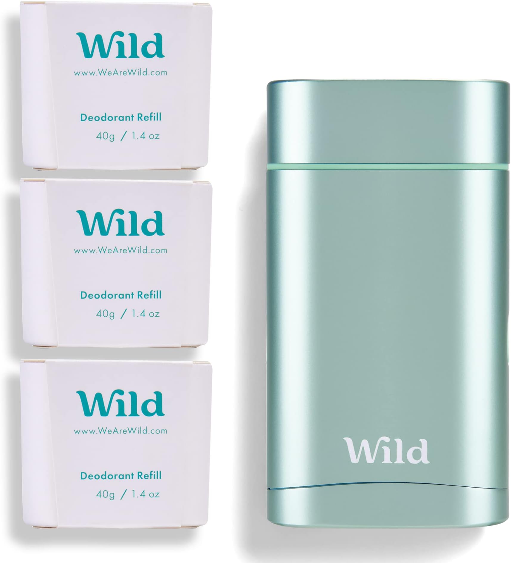 Wild - Natural Refillable Deodorant - Aluminium Free - Aqua Case with 3 x Fresh Cotton & Sea Salt Refill (40g) - Vegan & Eco-Friendly - Long Lasting Protection - Natural Ingredients - Starter Kit