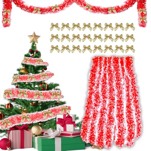 Guirlande Noel Sapin 10m + 24pcs Noeud Rouge Noel, Decoration Noel Interieur Maison, Couronne de Noel, Guirlande Sapin de Noel, Noeud Sapin de Noel Artificiel, Guirlandes de Noël Sapin
