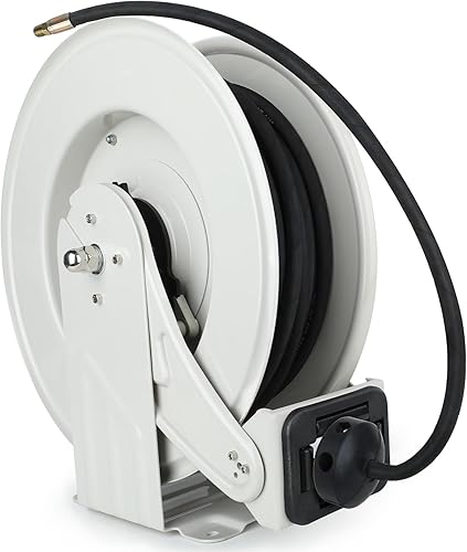 Carrete de manguera de aceite de 14 pulgadas x 50 pies, manguera retráctil W P 400 BAR Max 5800 PSI brazo de soporte ajustable y pinza de tubería