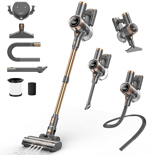 Cordless Vacuum Cleaner, 10-in-1 Lightweight Stick Vacuum with 45mins Runtime, Powerful Suction, LED Touch Screen, Rechargeable Vacuum Cleaners for Home Hardwood Floor Carpet Pet Hair (Gold)