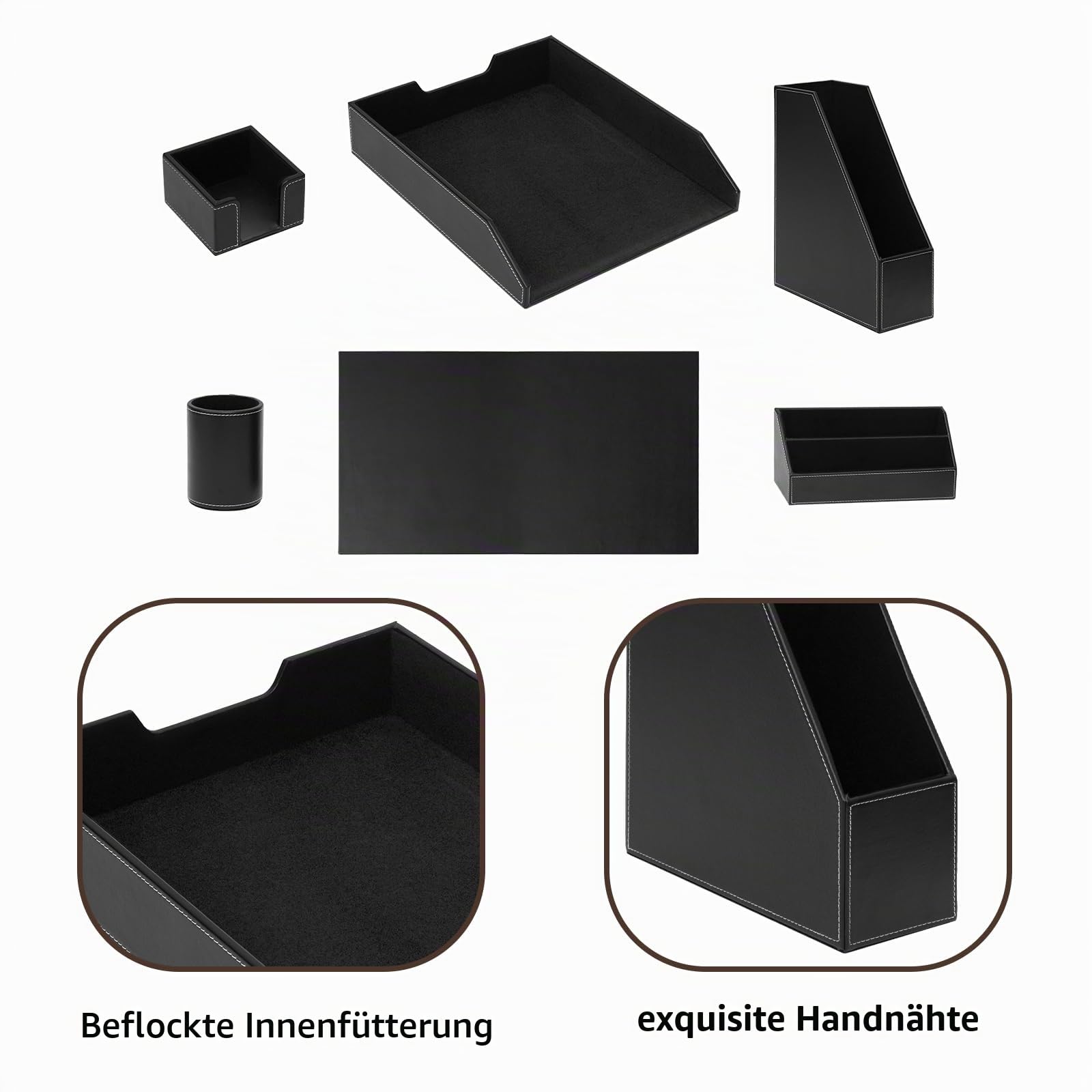 Büro Schreibtisch-Organizer,Luxus Leder Geschenk 6-teilig,inkl Schreibtischunterlage,A4 Leder Briefablage,Stiftebecher,Zeitschriftenhalter,Postfach,Nachrichtenfach,Schwarz