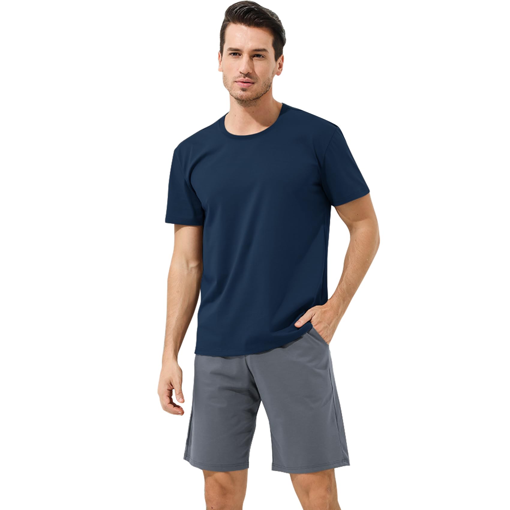 Mens Modal Pyjamas Sets Short Sleeve T-Shirts Tops Bottoms Casual Comfortable Nightwear Summer Loungewear for Men Soft Sleepwear Pjs Sets with Pockets