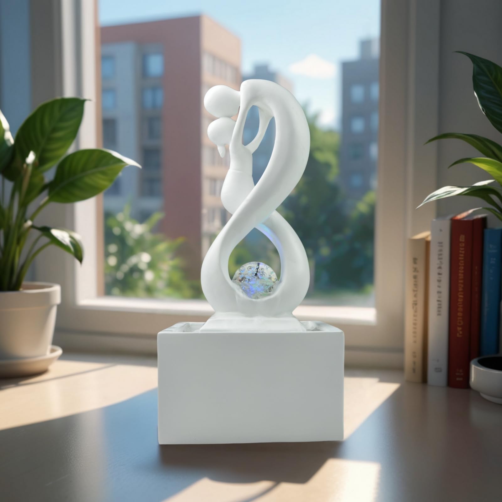 Zen'Light - Moderner Zimmerbrunnen Amor Weiß mit Farbigem LED-Licht - Zeitgenössische Innendekoration, Ideal für Meditation und Entspannung - Geschlossener Kreislauf mit Rotierender Kugel - 31x14x14cm