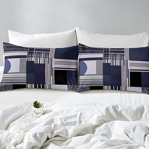 Miniatura 4 de Manfei Juego de sábanas geométricas tamaño matrimonial, juego de sábanas de 4 piezas con estampado de leopardo y rayas azul marino con sábana bajera