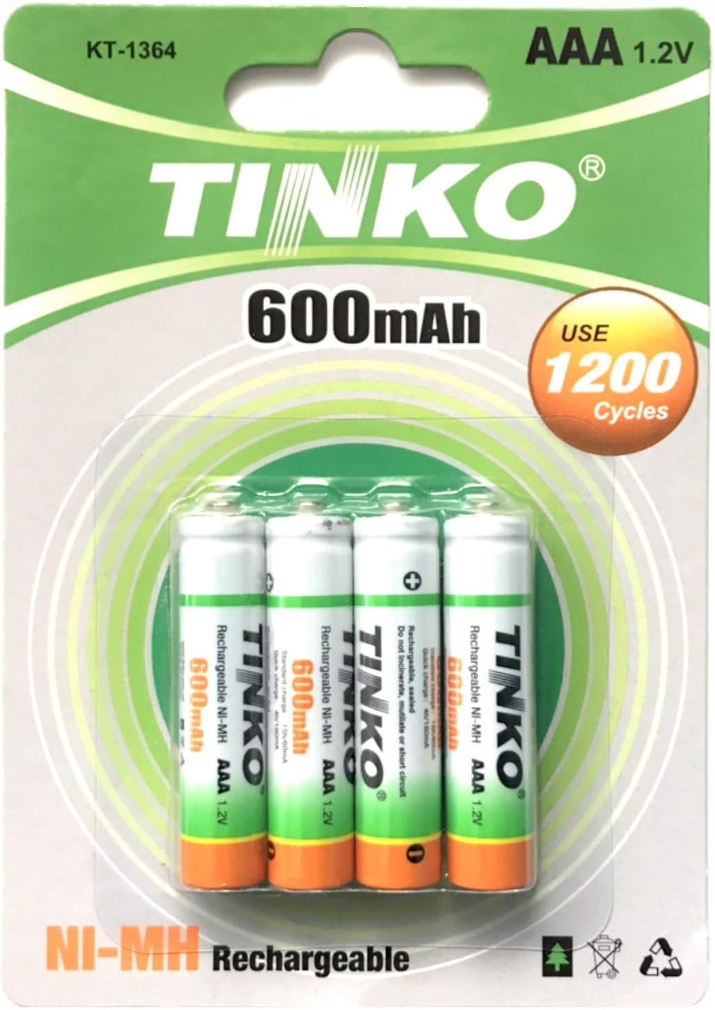 AAA 600mAh 1.2v RECHARGEABLE NI-MH BATTERIES TINKO (4)