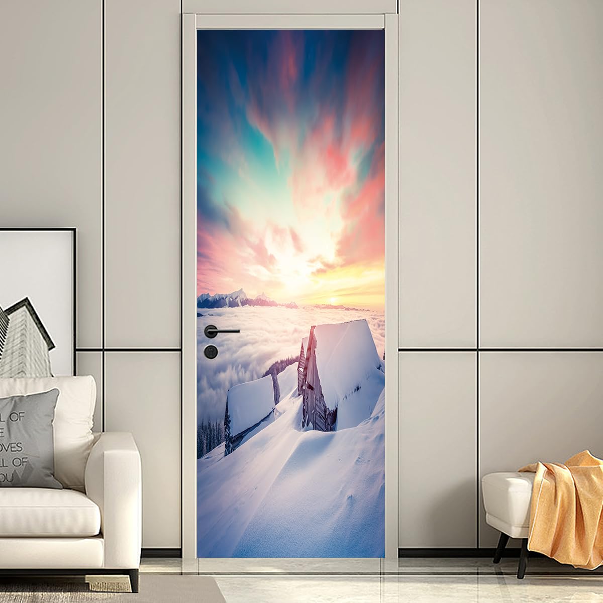3d Stickers Porte Scène de neige blanche L100 x H200cm Auto-AdhéSive Murale DéCoration De La Maison Stickers Muraux Chambre Salon Amovible Affiche Art Autocollants