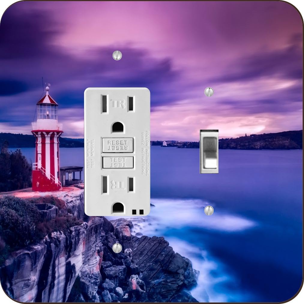 Red & White Lighthouse on Water -Light Switch Plate Cover - Double GFI Double Rocker - Two Gang Switch Plate Cover Switch Plate Cover