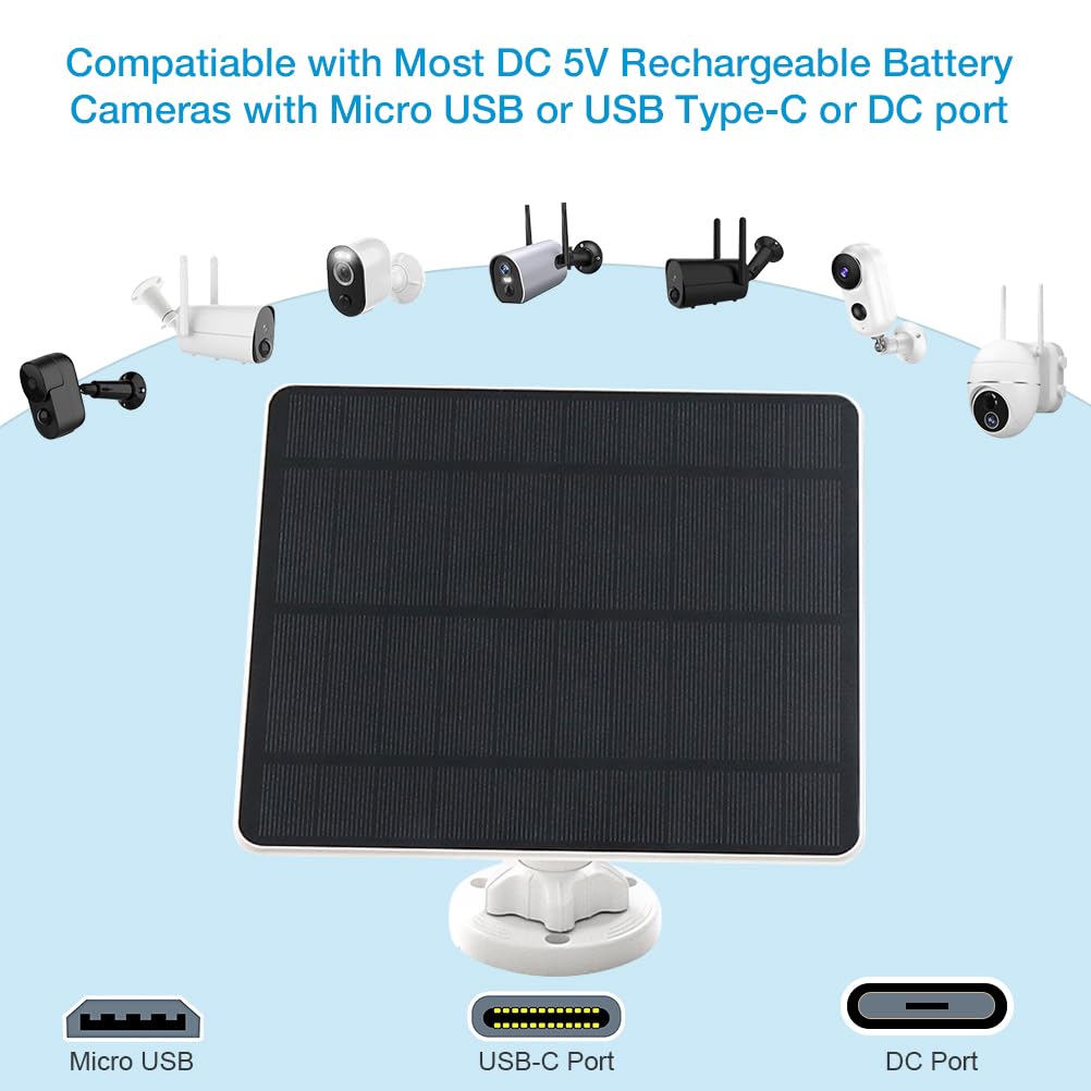 Pannello solare per telecamera di sicurezza, pannello solare USB da 5 W per fotocamere DC 5 V, caricatore per pannello solare per fotocamera, micro USB, USB-C e CC, pannelli solari impermeabili IP65