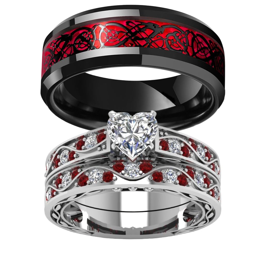 Ndocex Couple Rings Bridal Sets His and Hers Ruby Gemstone 925 Sterling Silver 10K 14K 18…