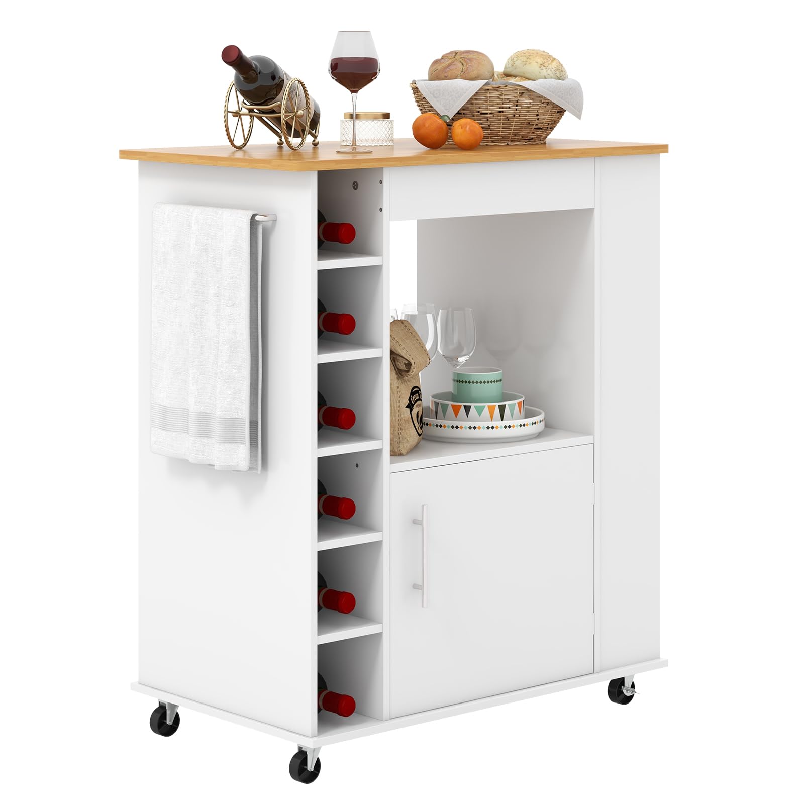 KOMFOTTEU Carro de Cocina con Encimera de Bambú, Carrito Auxiliar con 6 Compartimentos para Vino, Armario con Puerta y 3 Estantes Laterales, Isla de Cocina con Ruedas para Comedor, Bar