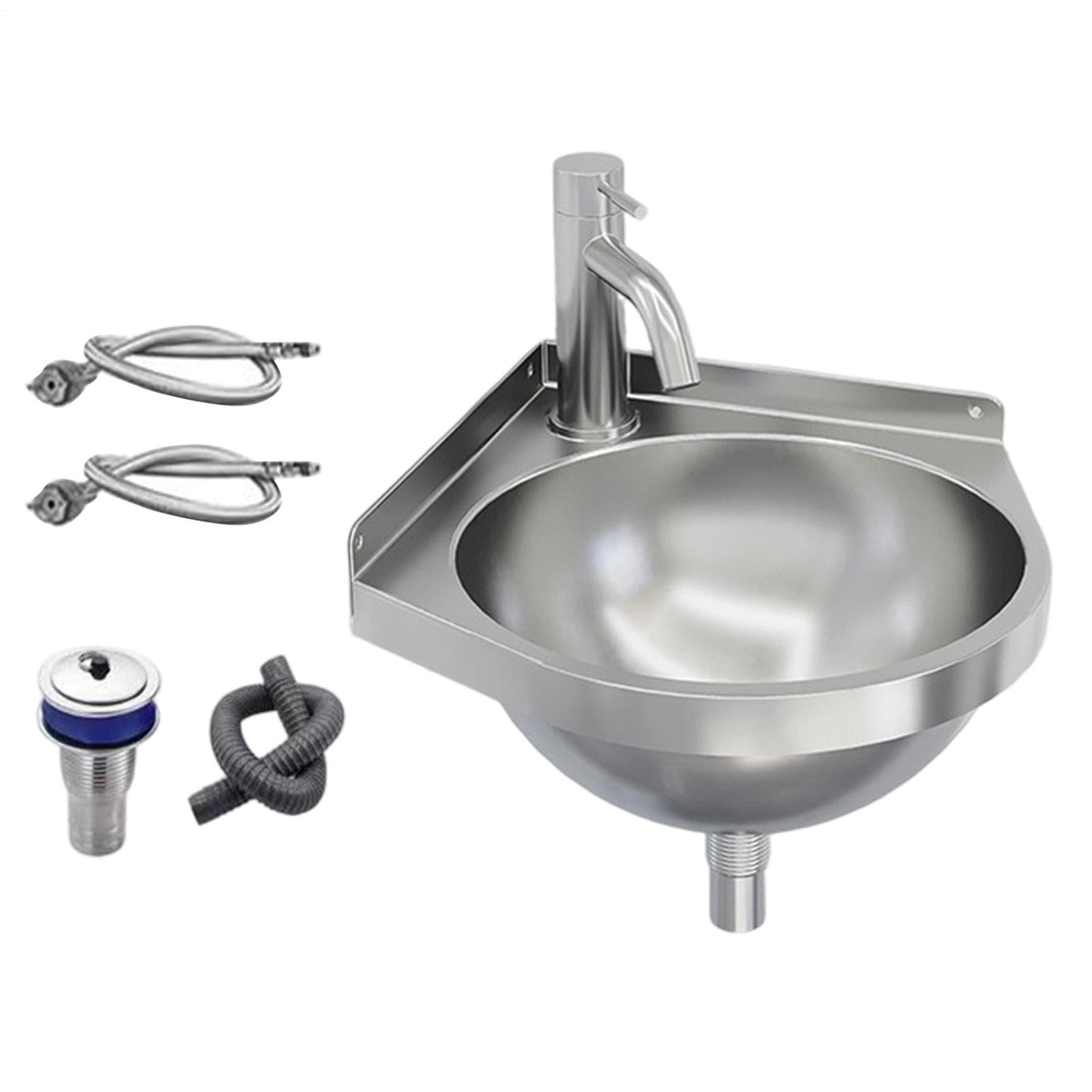Lavabo de pared Lavamanos Esquinero con Grifo de Acero Inoxidable | Lavabo para Espacios Reducidos Para Jardín, Patio, Apartamento, Trastero, Baño, Cocina y Entrada Principal