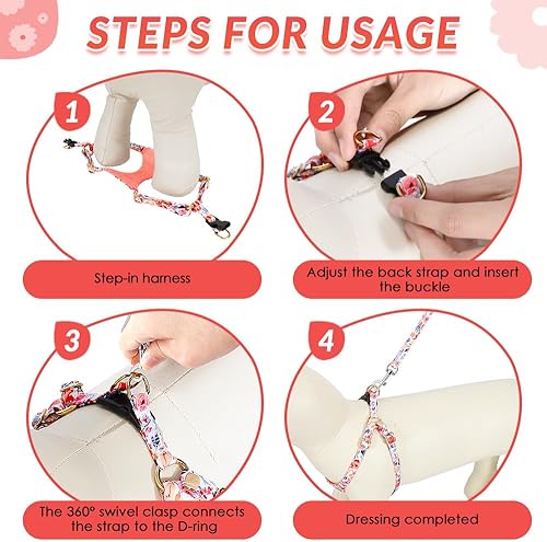 Miniatura 6 de SlowTon Arnés sin tirones para perro, con correa, arnés suave y ligero con patrón floral, arnés ajustable para perros pequeños y medianos (flor XXS)