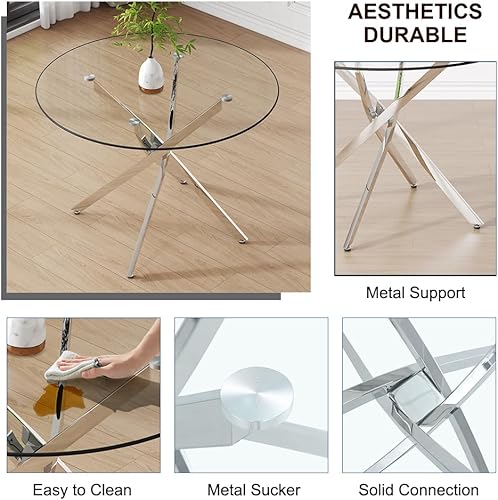Miniatura 15 de Mesa redonda de comedor de vidrio para 2 a 4, moderna mesa superior de vidrio templado, patas cromadas resistentes, almohadillas ajustables, mesa de