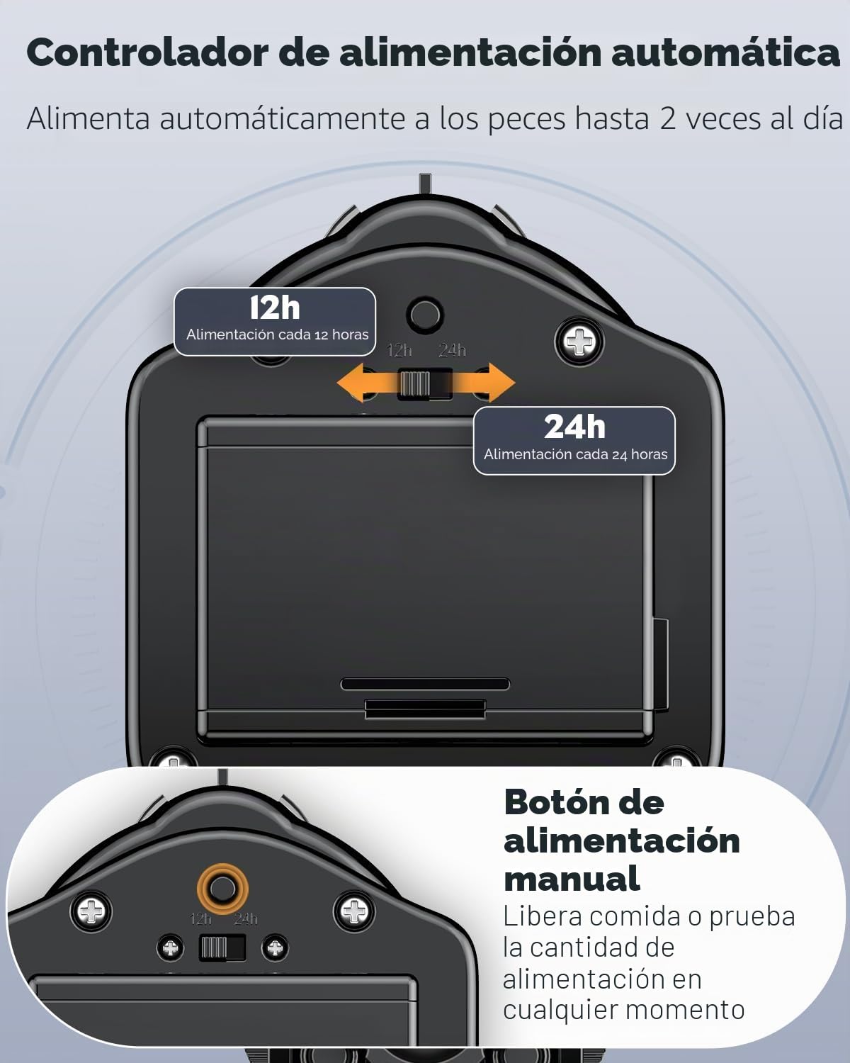 Pawfly Alimentador Automático para Peces de Acuario, 60 ml Dispensador Ajustable de Alimento para Pecera, Temporizador para Vacaciones, para Gránulos Tiras Funciona con Pilas