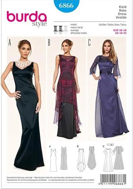 Burda Pattern 6866 Evening Dress - Transparent Galajurk for Women Size 36-48