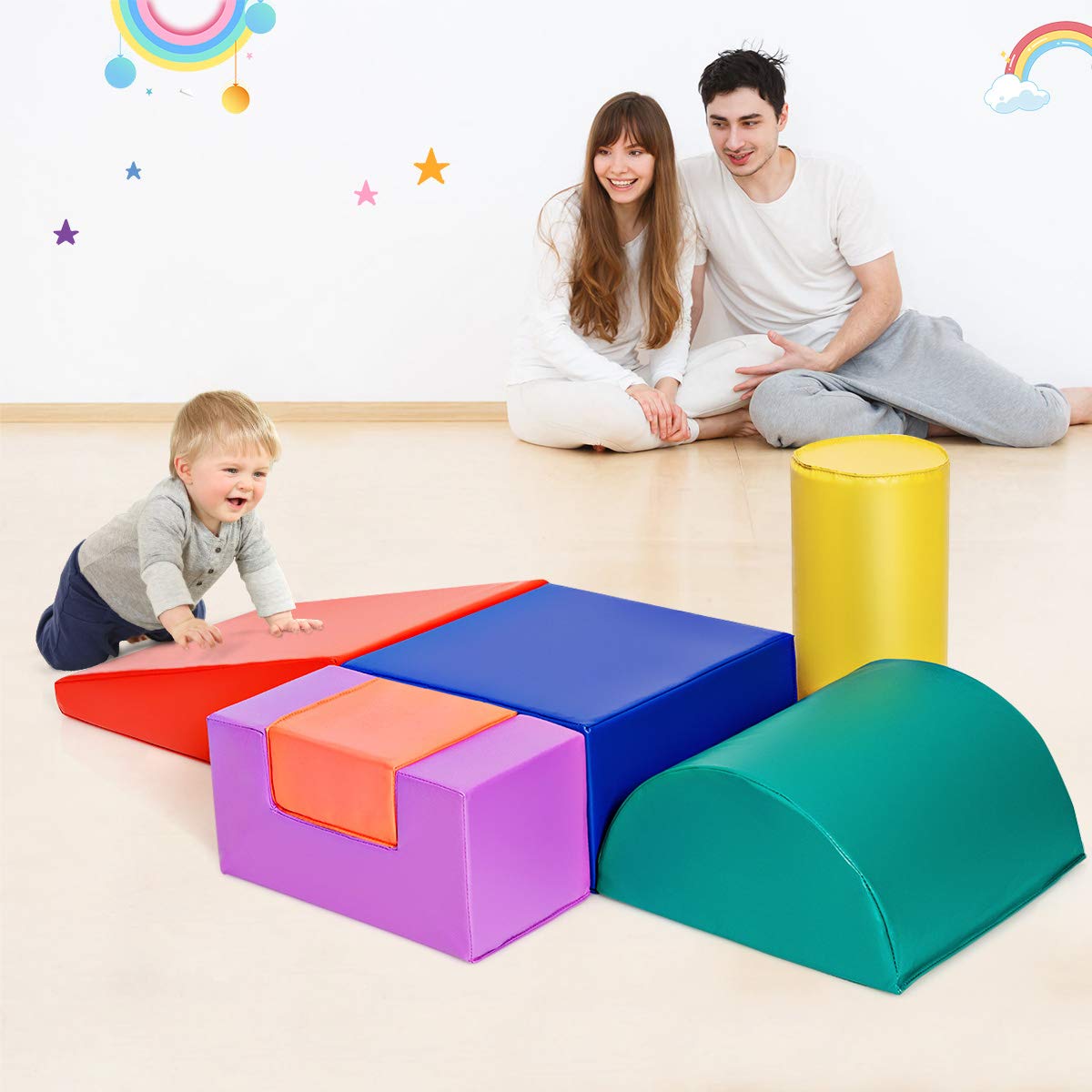 GOPLUS 6 Pcs Parcours Motricité Bébé, Module Motricité Bébé en Mousse, Jouets Éducatifs avec Housse en PU et Remplissage en EPE, Enfants d'Âge Préscolaire