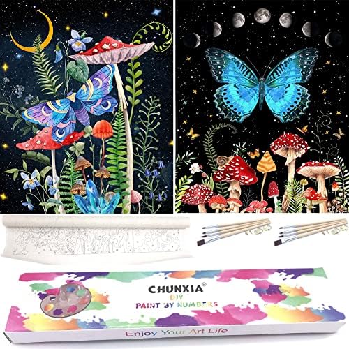 CHUNXIA 2 Pack Easy Paint by Numbers for Adults Beginner and Kids,Rolled Canvas Wall Art Painting by Numbers Kits Mushroom Decor Packaged in a Nice Box,12x16inch(091-092)