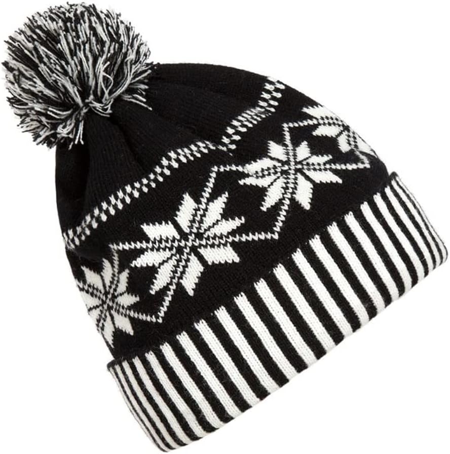 VIDI Women Men Winter Cuffed Knitted Hat Classic Black White Snowflake Striped Geometric Pattern Beanie Cap with Fluffy Pompom Ball