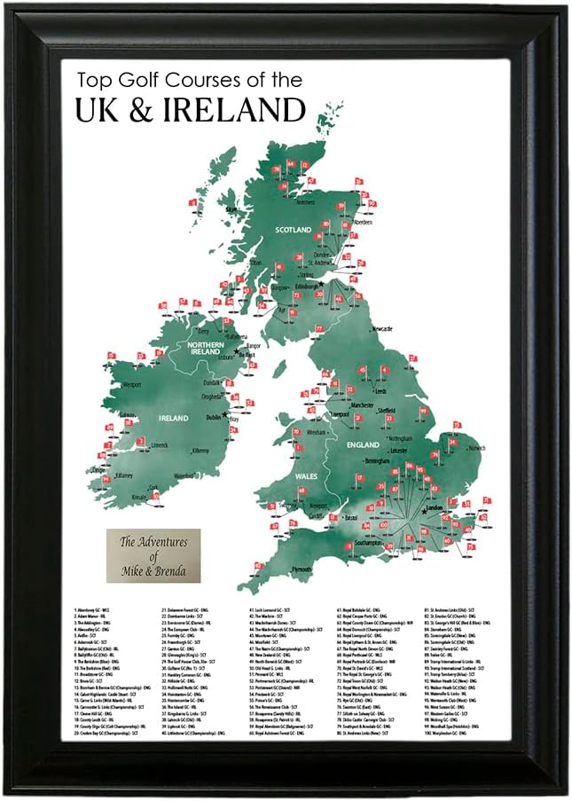 UK & Ireland Golf Courses Push Pin Map - Track Your UK & Ireland Golf Travels - Black Frame