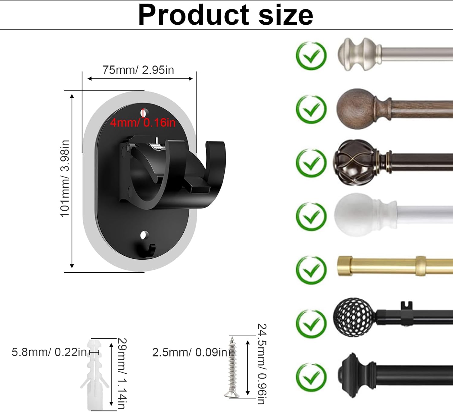 Curtain Pole Holder, Pack of 4 Curtain Hooks, Self-Adhesive, Curtain Rod Holder, Curtain Rod Holder with Screws, Expansion Tube, for Kitchen, Bathroom