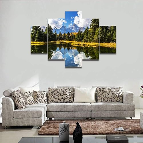 Miniatura 2 de Lienzo decorativo de pared de 5 piezas para sala de estar, vista de paisaje del lago y la montaña con cielo azul, nube, cordillera forestal en el