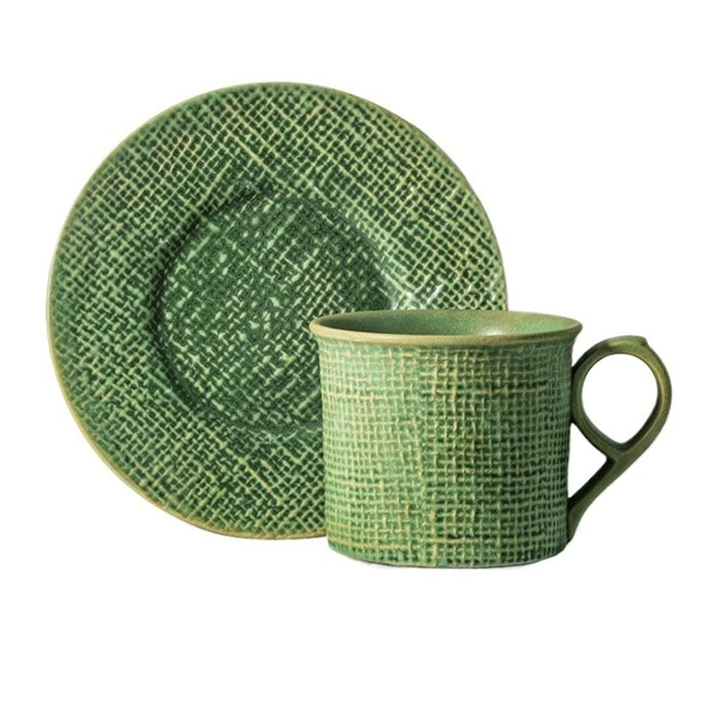 LIBANGRONG-888 Mugs Vintage Linen Textured Ceramic Coffee Cup and Saucer Mug for Afternoon Tea Latte Cappuccino Cocoa Milk Milk Tea Cup(Green)