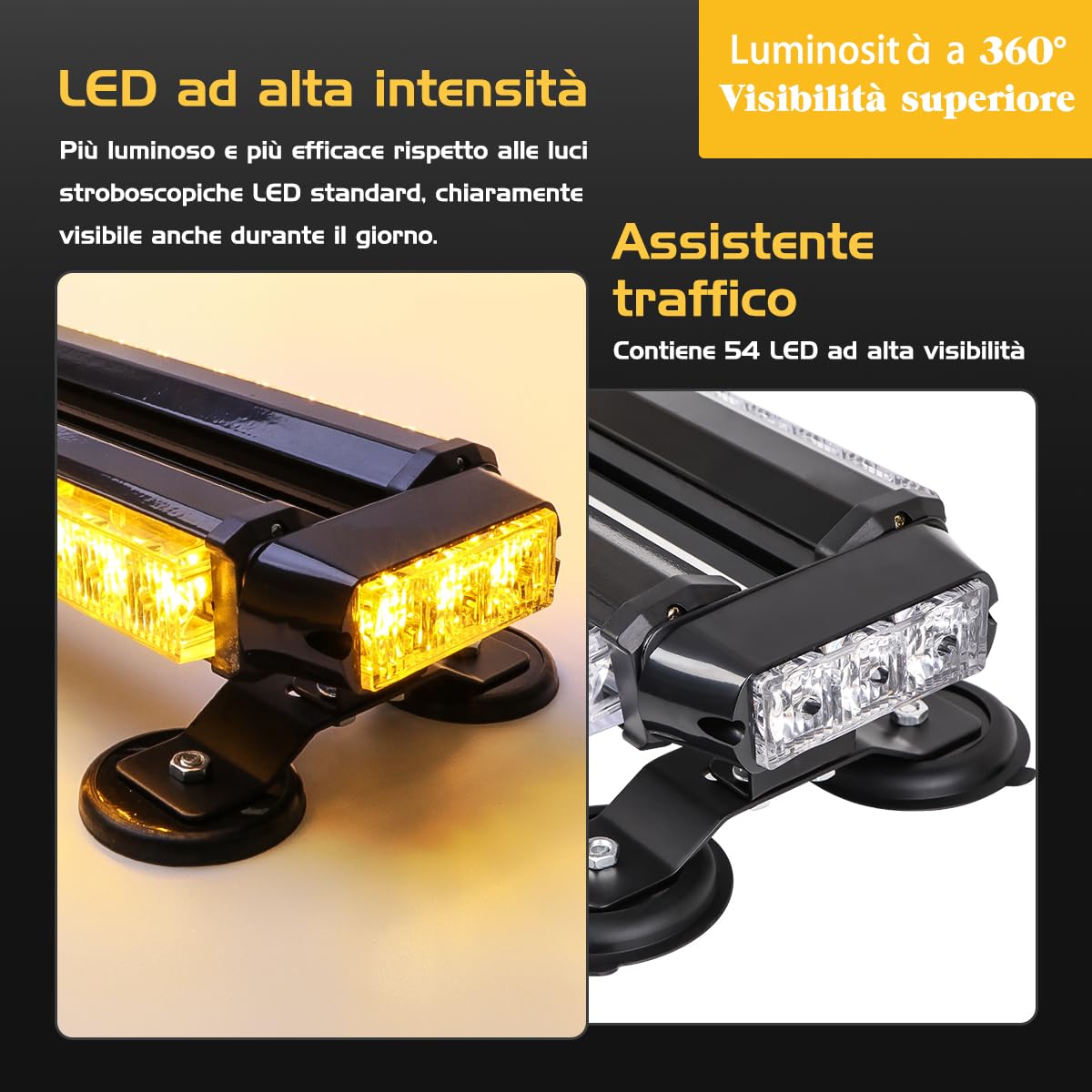 Lampeggiante LED Barra Magnetica 67 cm 54 LED Ambra/Bianco 12V/24V Doppio Lato 7 Modalità Flash IP67 Luce di Emergenza per Camion, Trattori, Spazzaneve e Veicoli Industriali